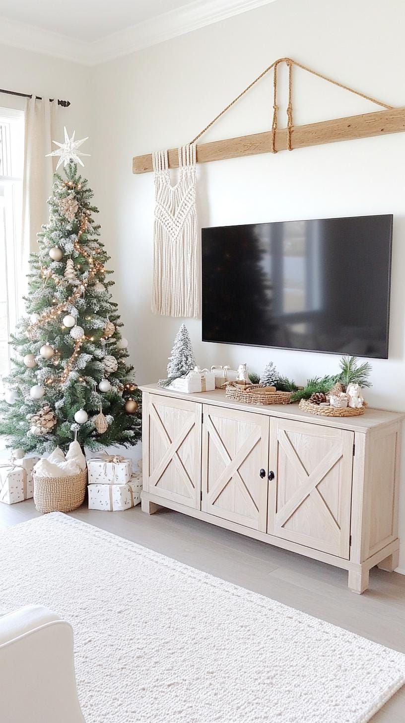 19. Boho TV stand with woven hangings and flocked tree - photo 2