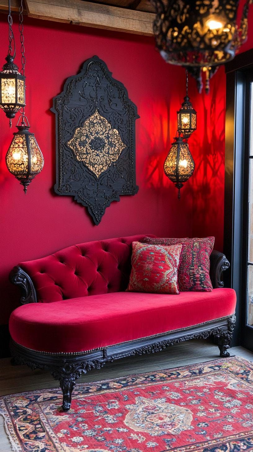14. Beadwork Hangings And Vintage Lanterns Above A Velvet Chaise