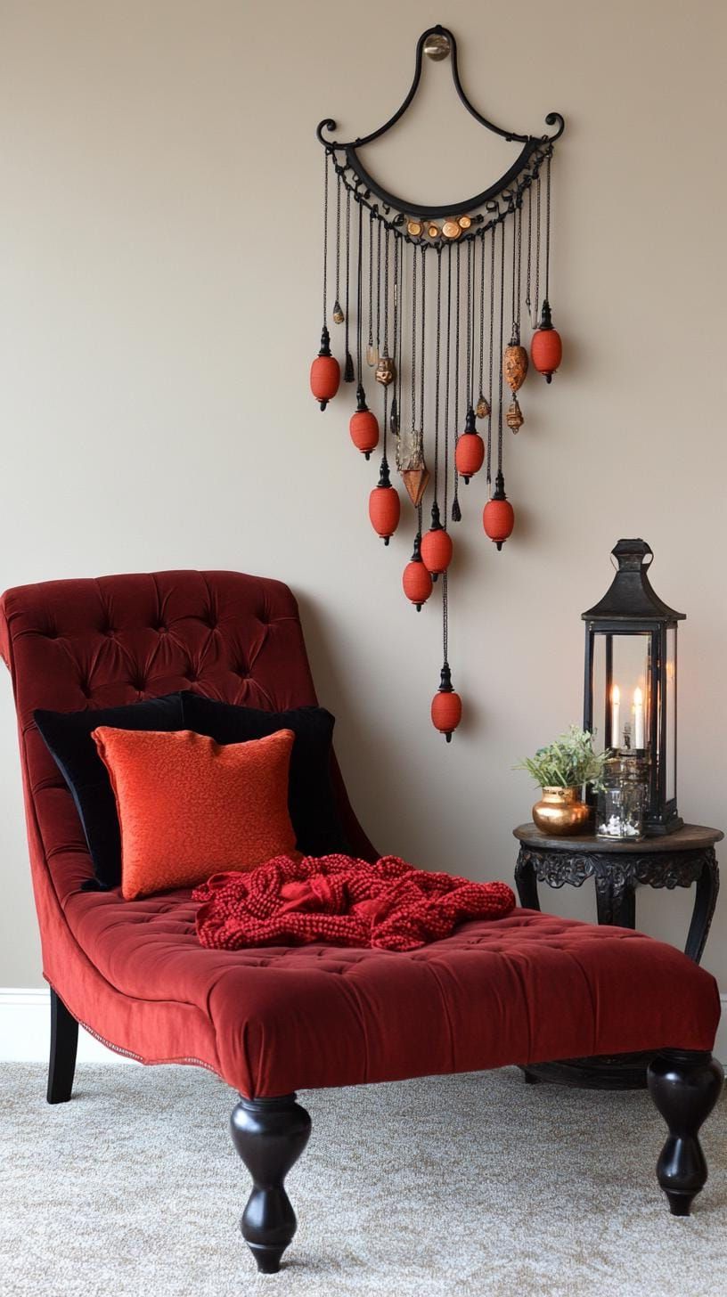 14. Beadwork Hangings And Vintage Lanterns Above A Velvet Chaise - photo 2