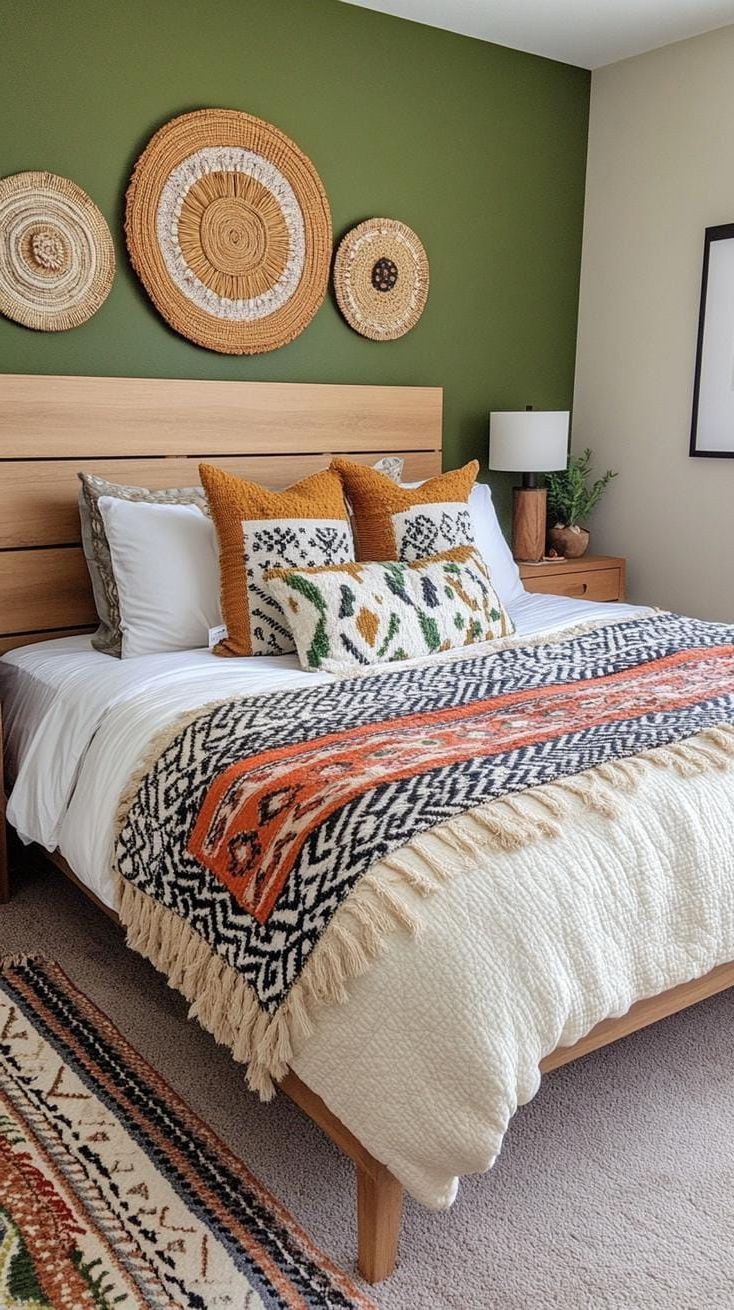 13. Eclectic Olive Green Bedroom with Mixed Textiles - photo 3