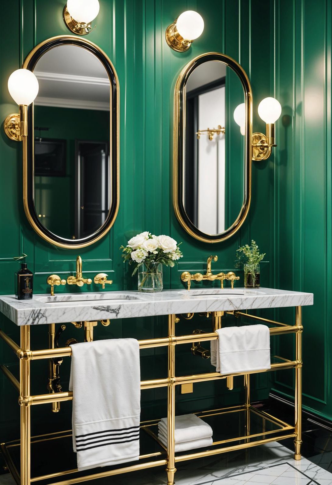 16. Art Deco Green Bathroom Elegance