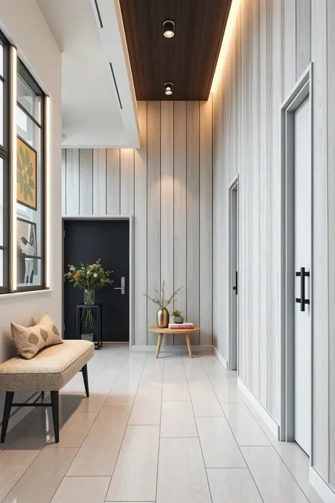 Vertical Wood Slats to Widen a Hallway