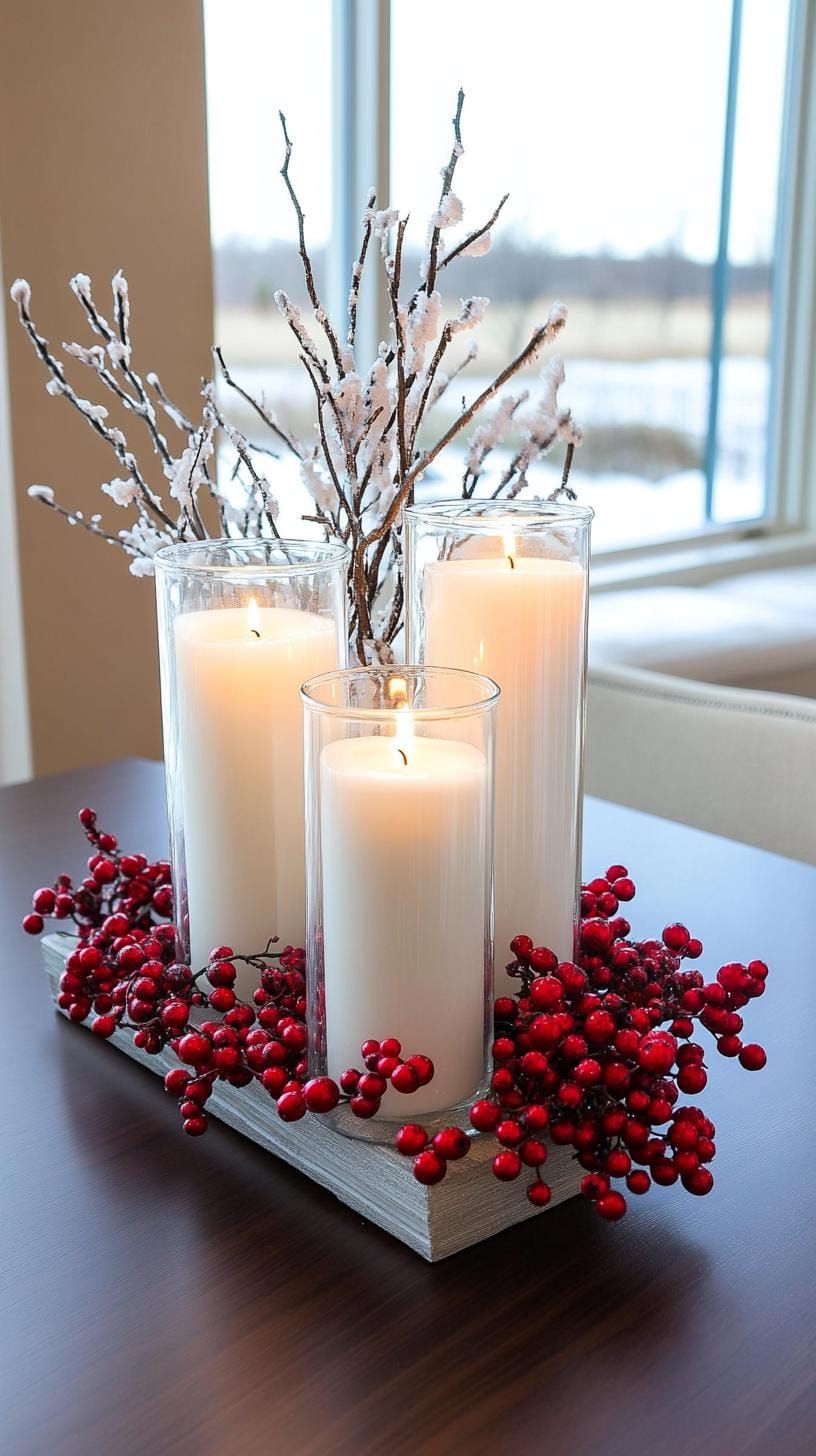 2. White candles and red berries in glass - photo 2
