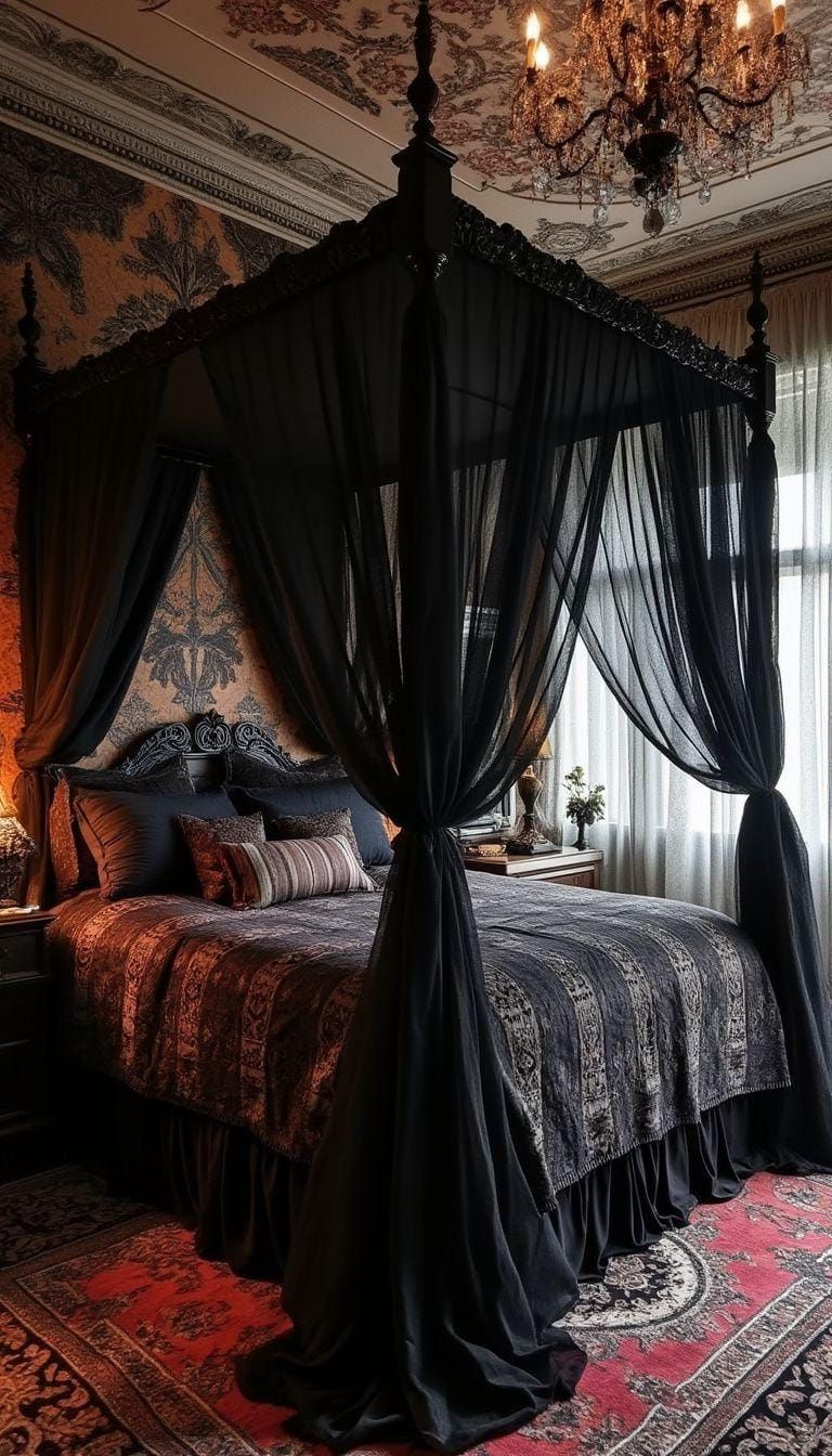 17. Dark Tapestries And Chiffon Draped Over A Four-Poster Bed