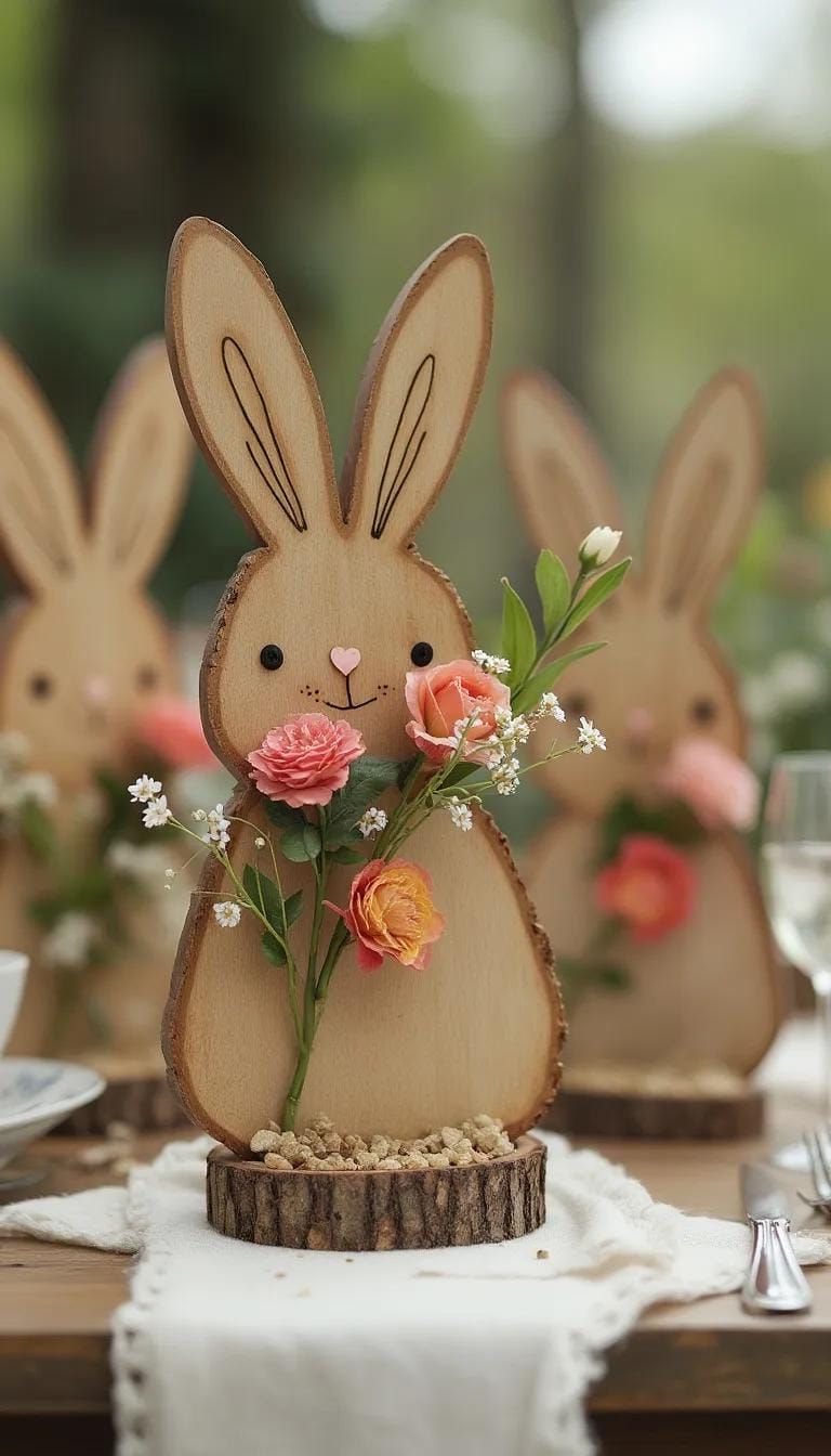12. Wooden Bunny Place Settings With Florals