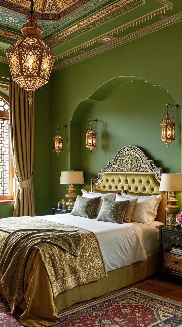 23. Moroccan Olive Green Bedroom with Lanterns and Beading