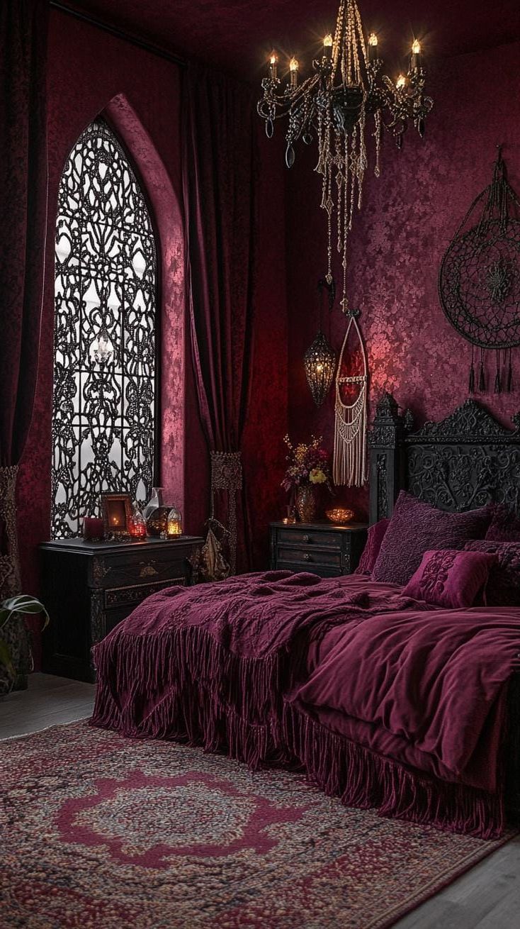 8. Burgundy Tapestry Curtains With Gothic Lace Valances - photo 3