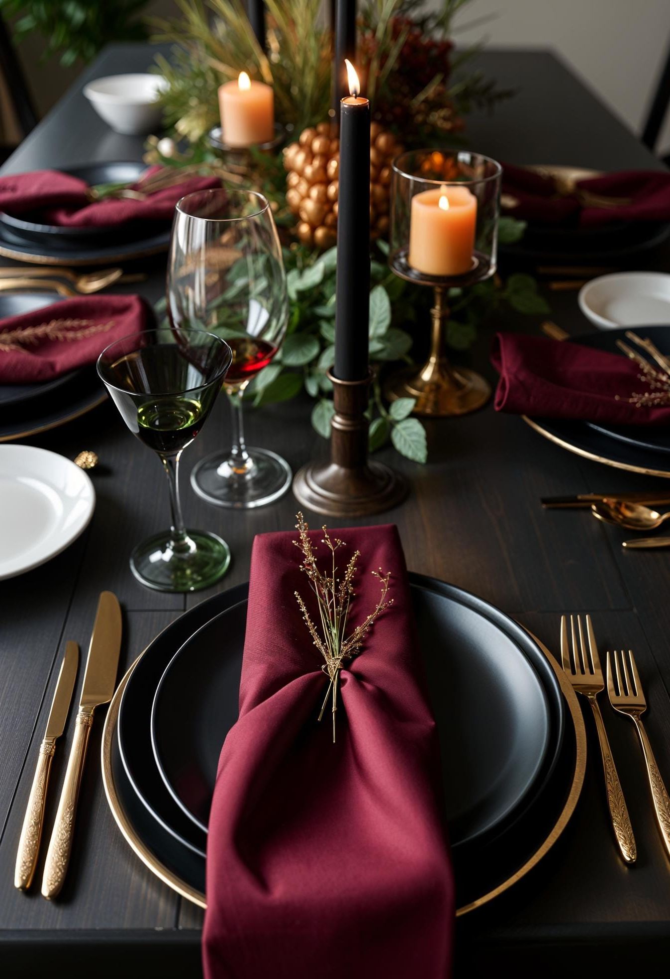 14. Black Matte Plates With Burgundy Napkins and Brass