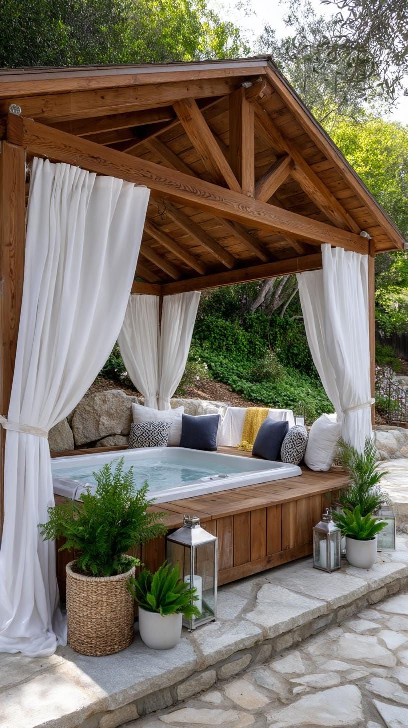 14. Relax in a hot tub under a cozy gazebo with beautiful sheer curtains. - photo 3