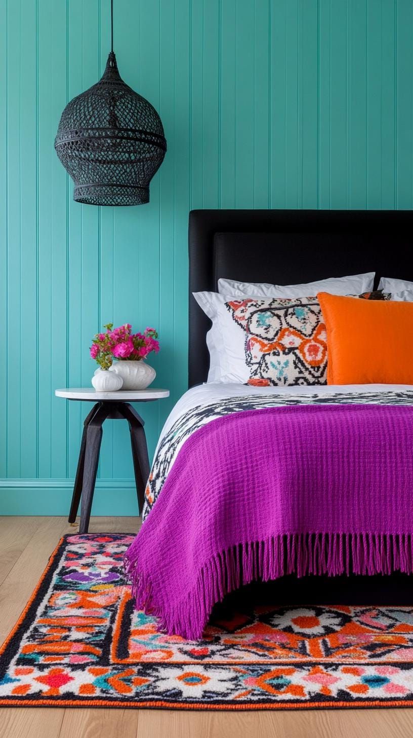 13. Purple And Black Boho Rug Over Deep Teal Flooring - photo 4