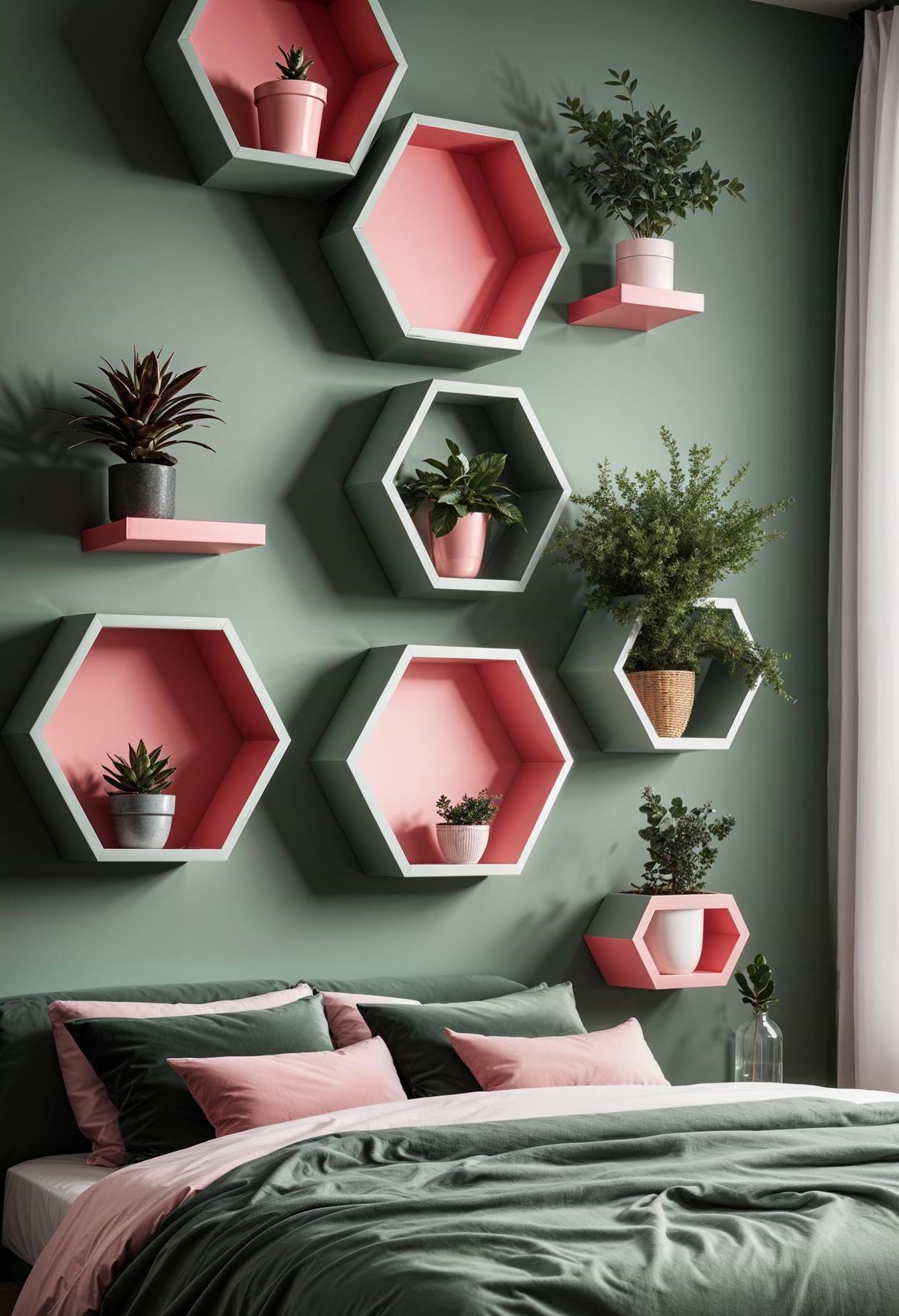 23. Floating Shelves for a Sage Pink Wall