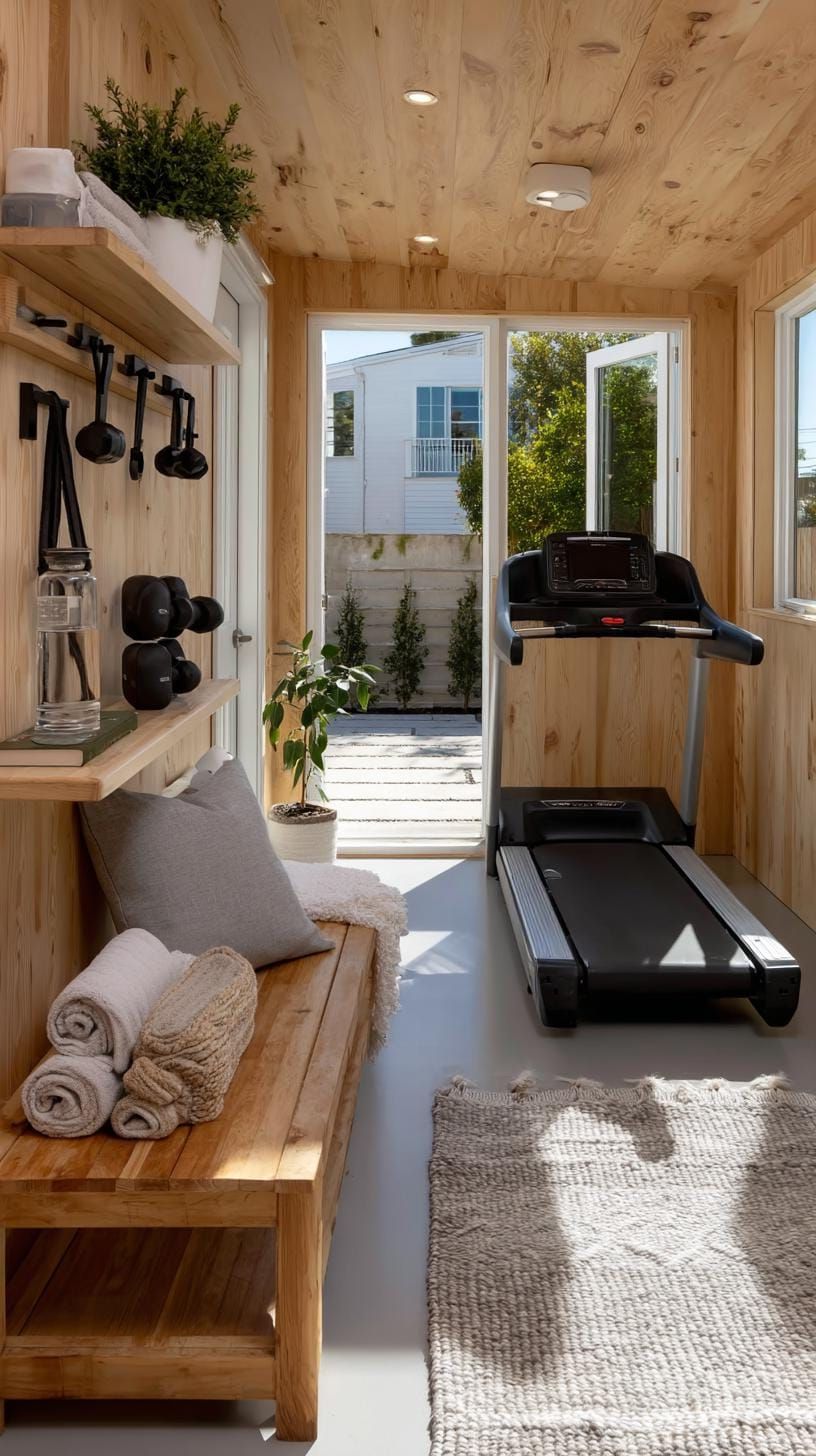 12. Home Gym She Shed with Mirrors and Light Wood
