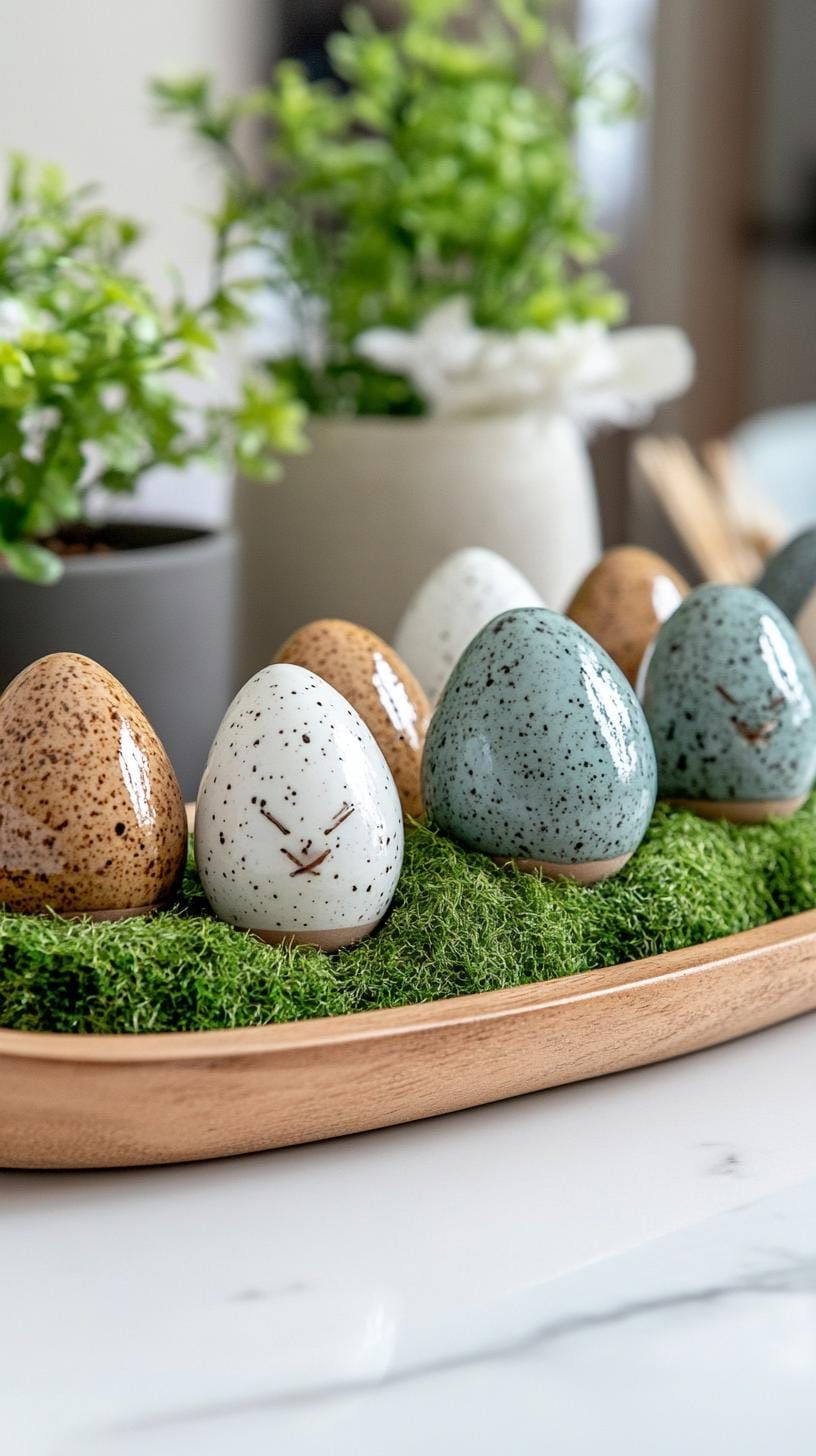 18. Ceramic Bunnies And Eggs On A Moss Tray - photo 3