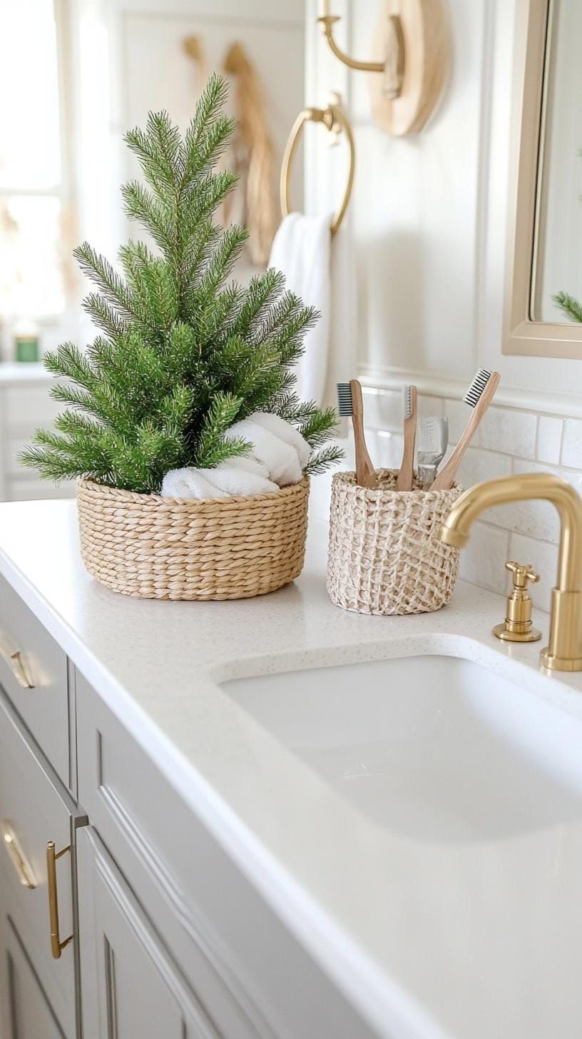 1. Mini Pine Tree in a Basket by the Sink