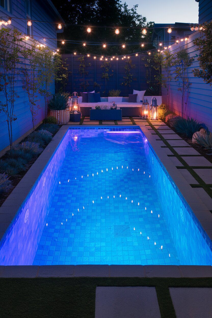 9. Glowing Pool Lighting at Night