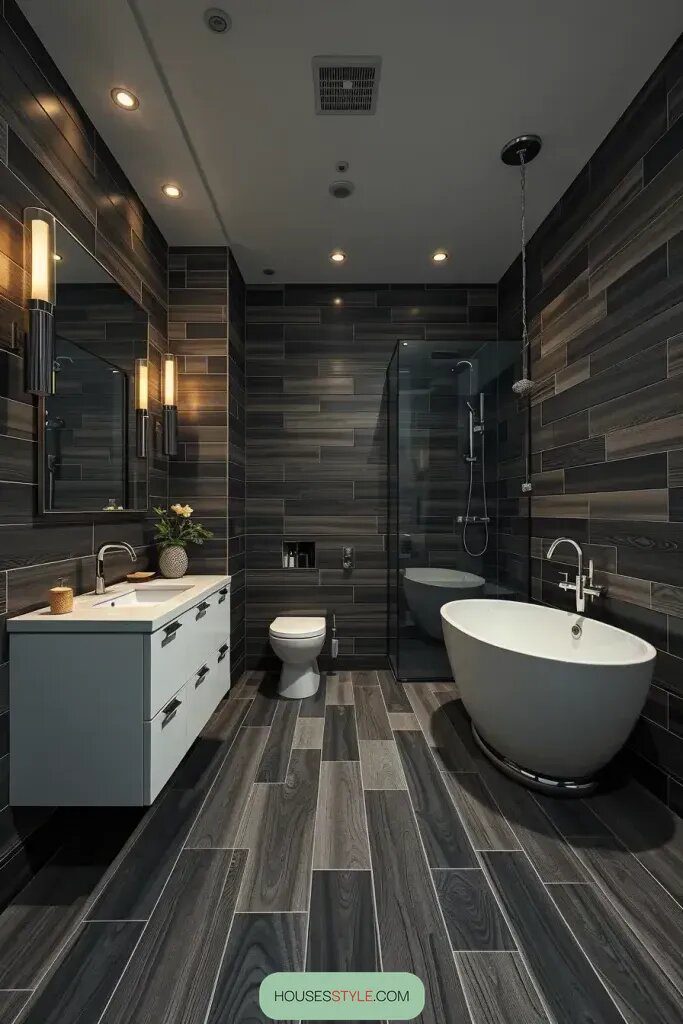 Dramatic Bathroom Looks With Dark Wood Tile