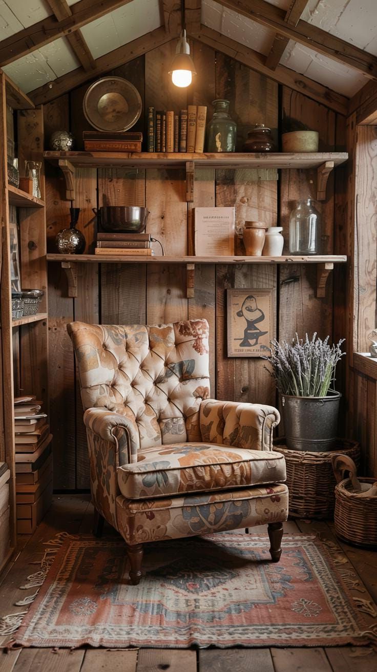1. Rustic Wood-Paneled Shed with Vintage Armchair - photo 3