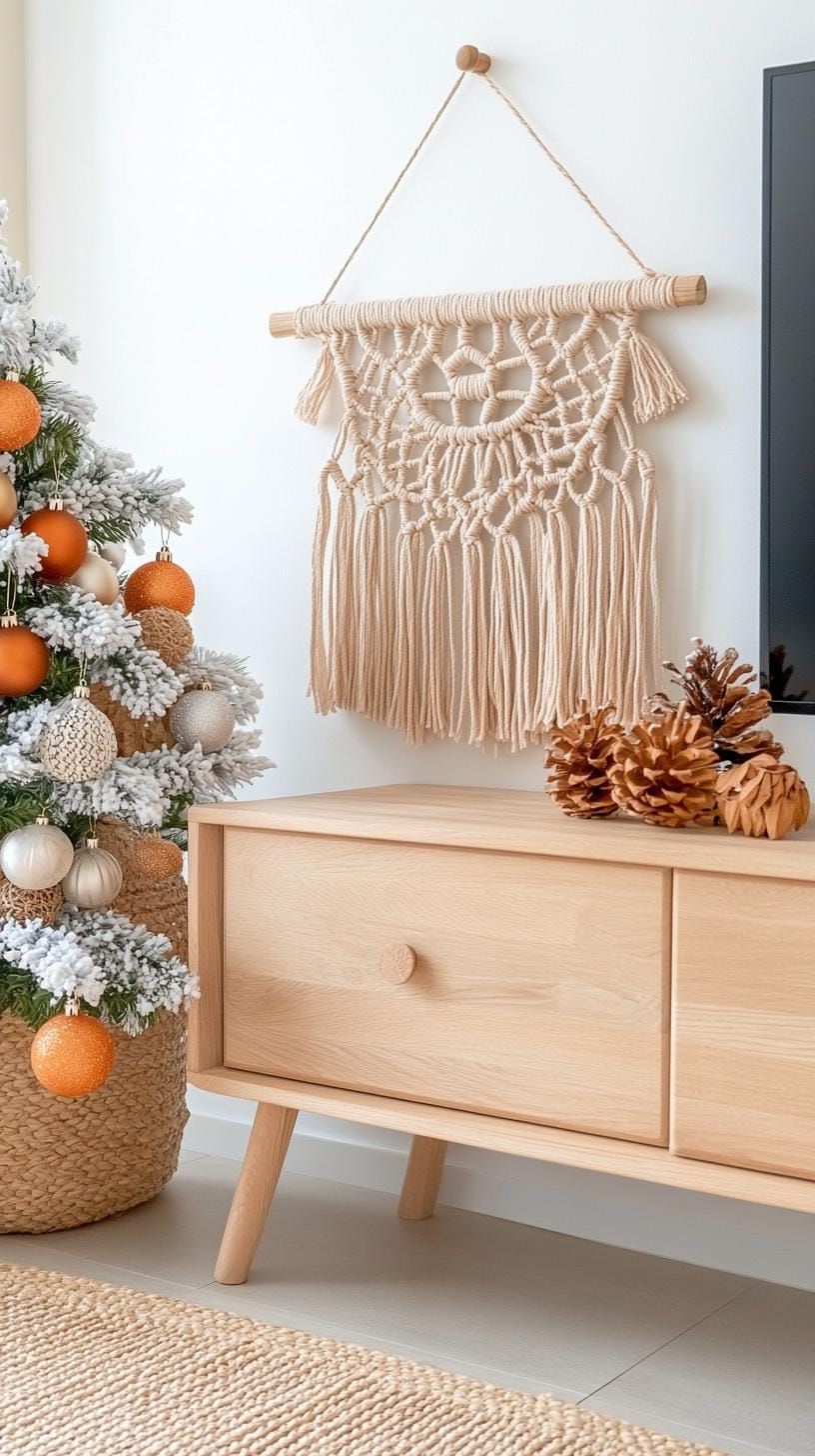 19. Boho TV stand with woven hangings and flocked tree - photo 3