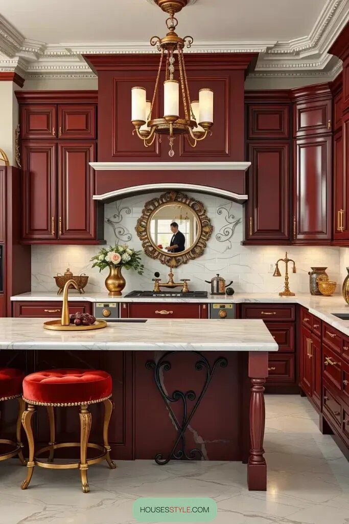 Red Cabinets Paired with Marble Countertops