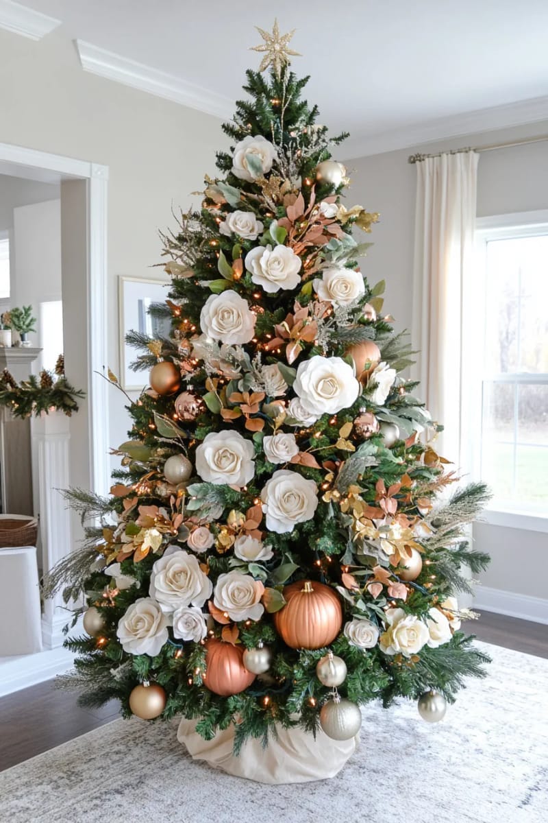 15. Elegant Tree with Cream Roses and Metallic Pumpkins - photo 2