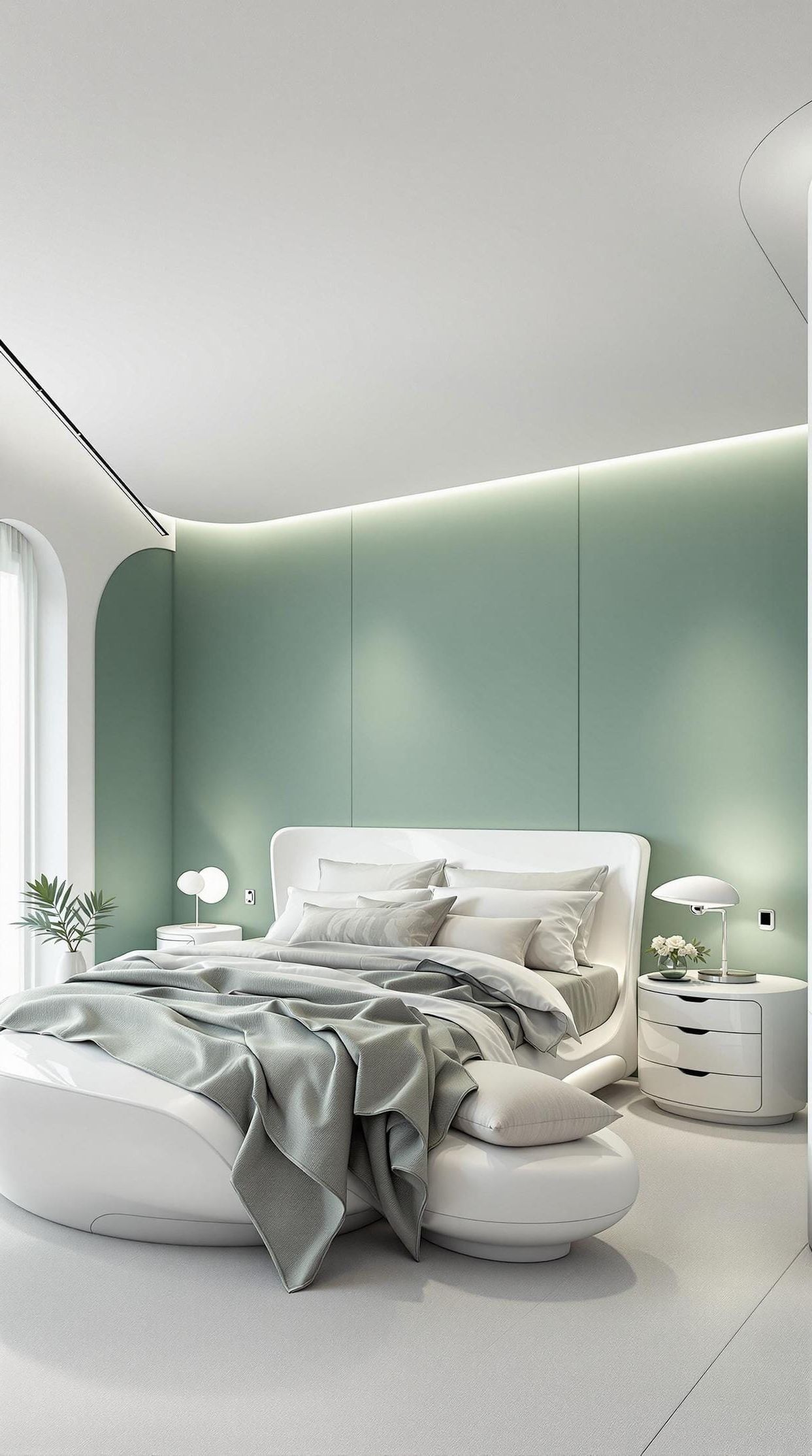 13. Futuristic Loft with a Sage Green Accent Wall