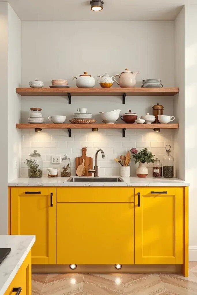 Open Shelving and Yellow Base Cabinets for More Storage - photo 2