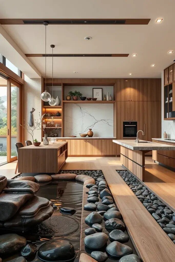 Experience Peaceful Zen Kitchens with Natural Stone and Sand Vibes