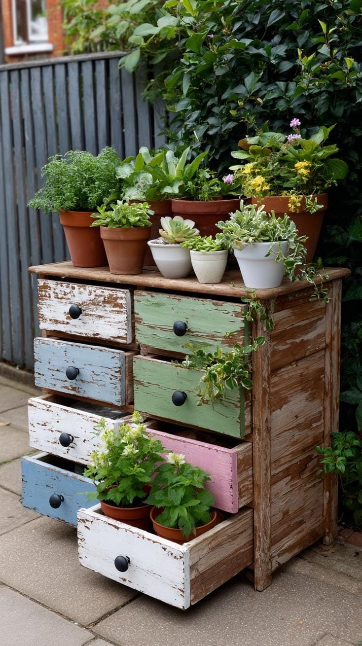 25. Old Drawer Unit Repurposed for Potted Plants