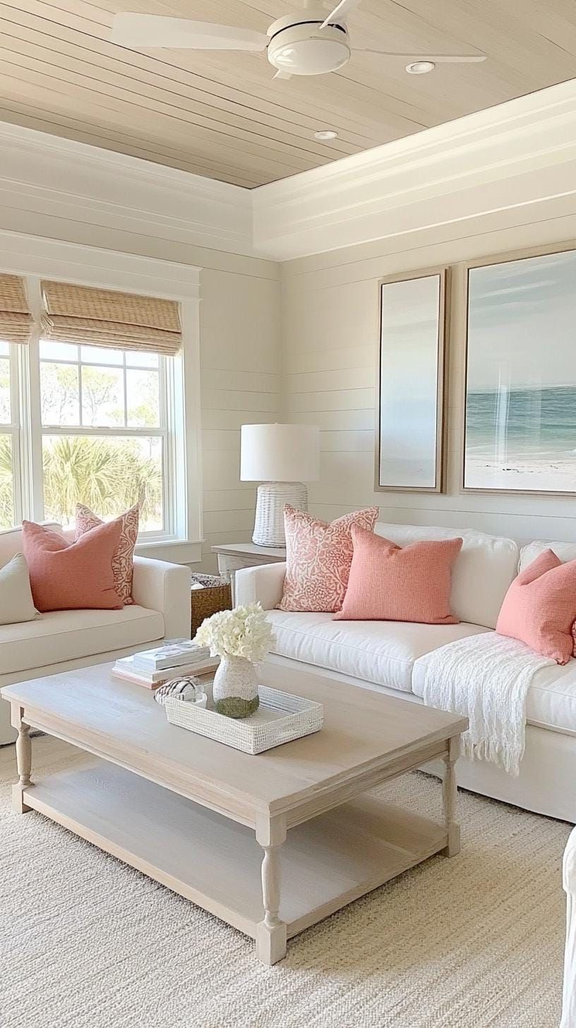 8. Sandy Neutrals Paired with Coral Accents