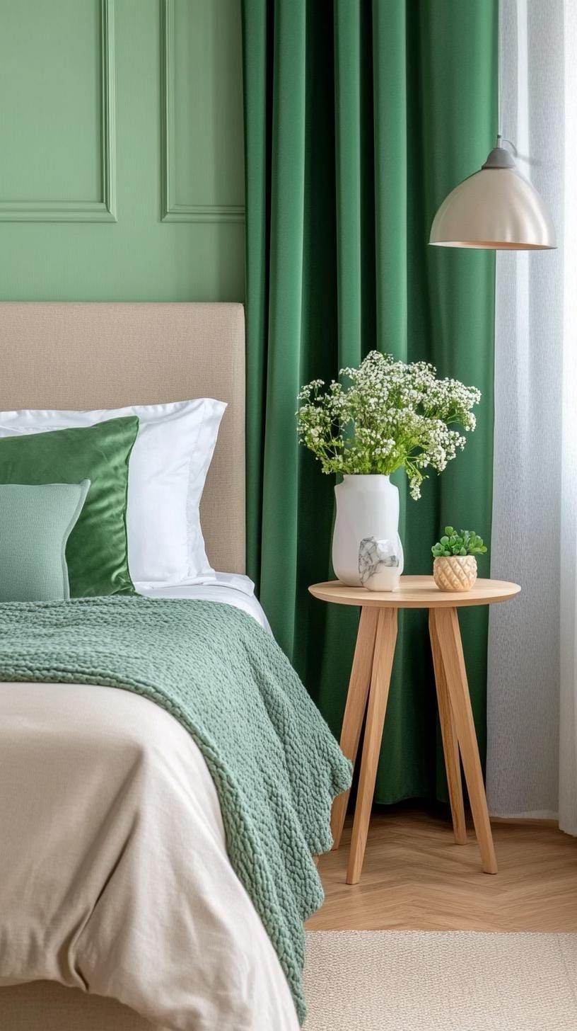 15. Monochrome Bedroom Using Layered Shades of Sage Green - photo 3