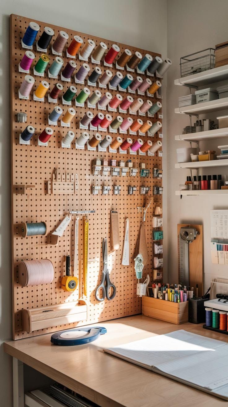 1. White Pegboard Wall With Colorful Thread Spools