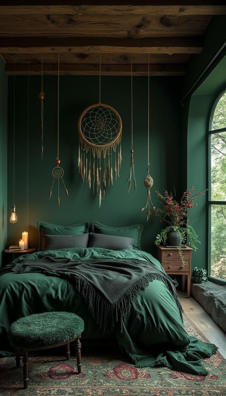 4. Dark Green Walls With Wood Beams And Dream Catchers