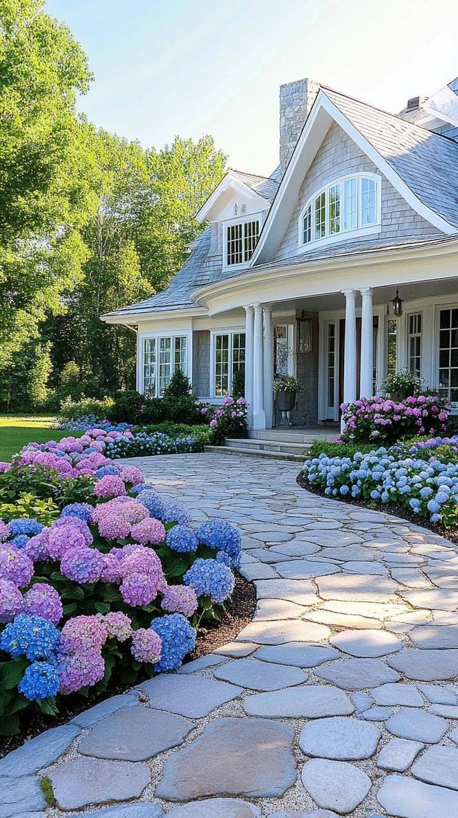 6. Hydrangea-Lined Pathway to the Farmhouse Door