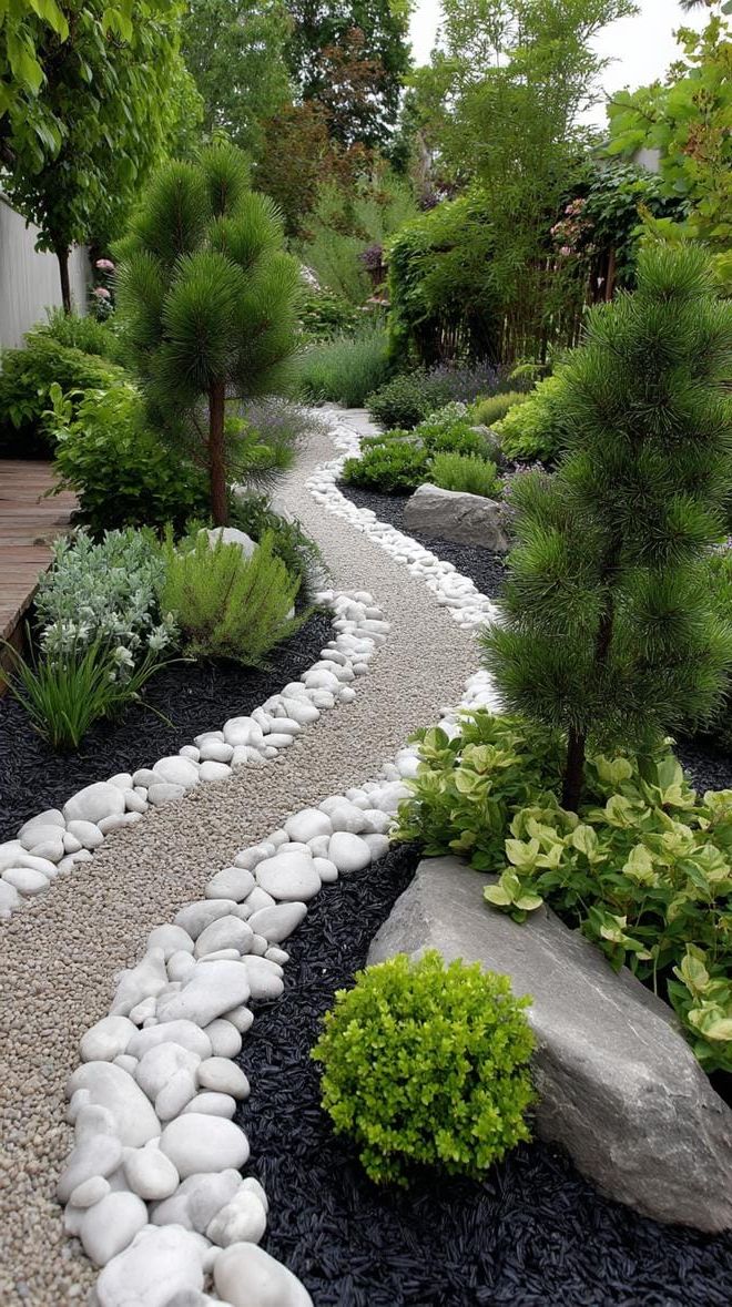 19. Black Mulch Path with a White Stone Border