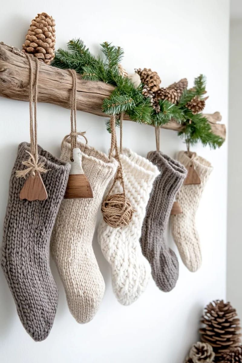 15. Chunky knit stockings hung from a wall branch