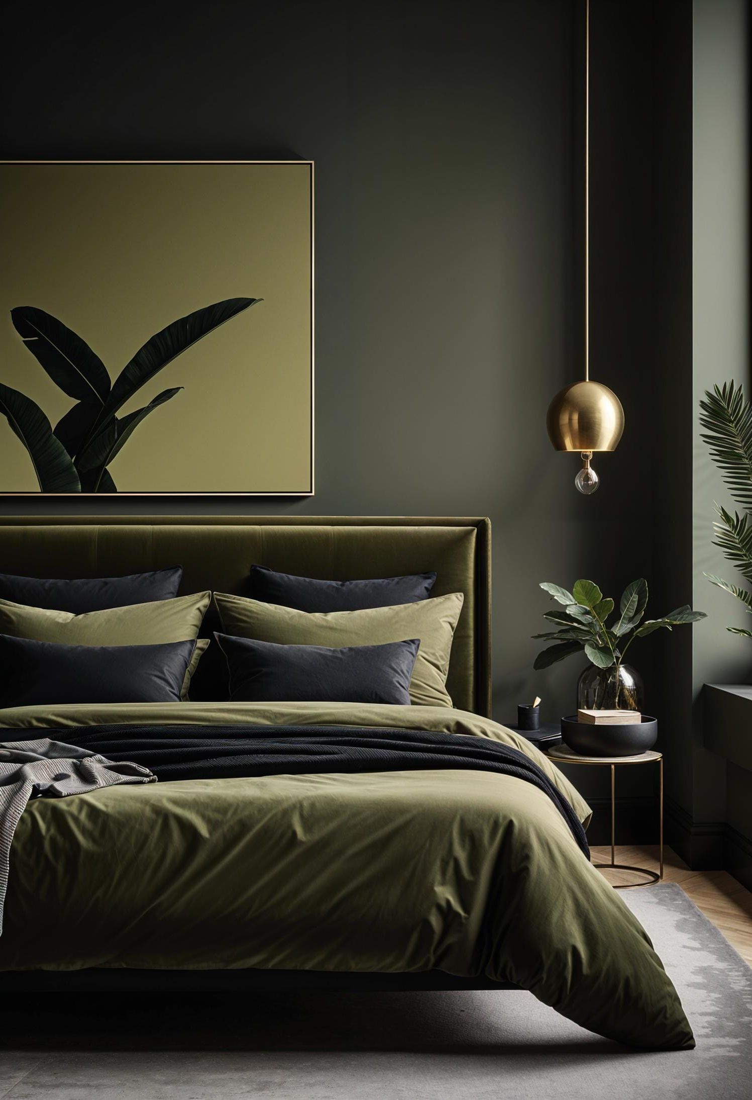 20. Olive Green and Black Minimalist Bedroom - photo 4