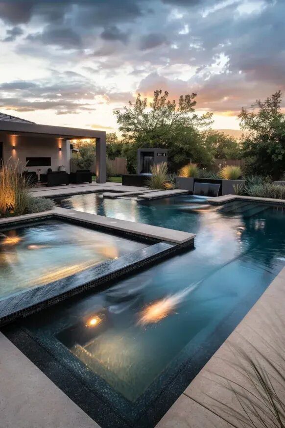 Magical Pool with Gentle Lights and Serene Waterfalls