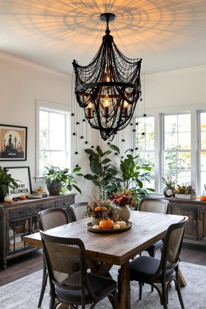 4. Black Lace Chandelier with Hanging Fake Spiders