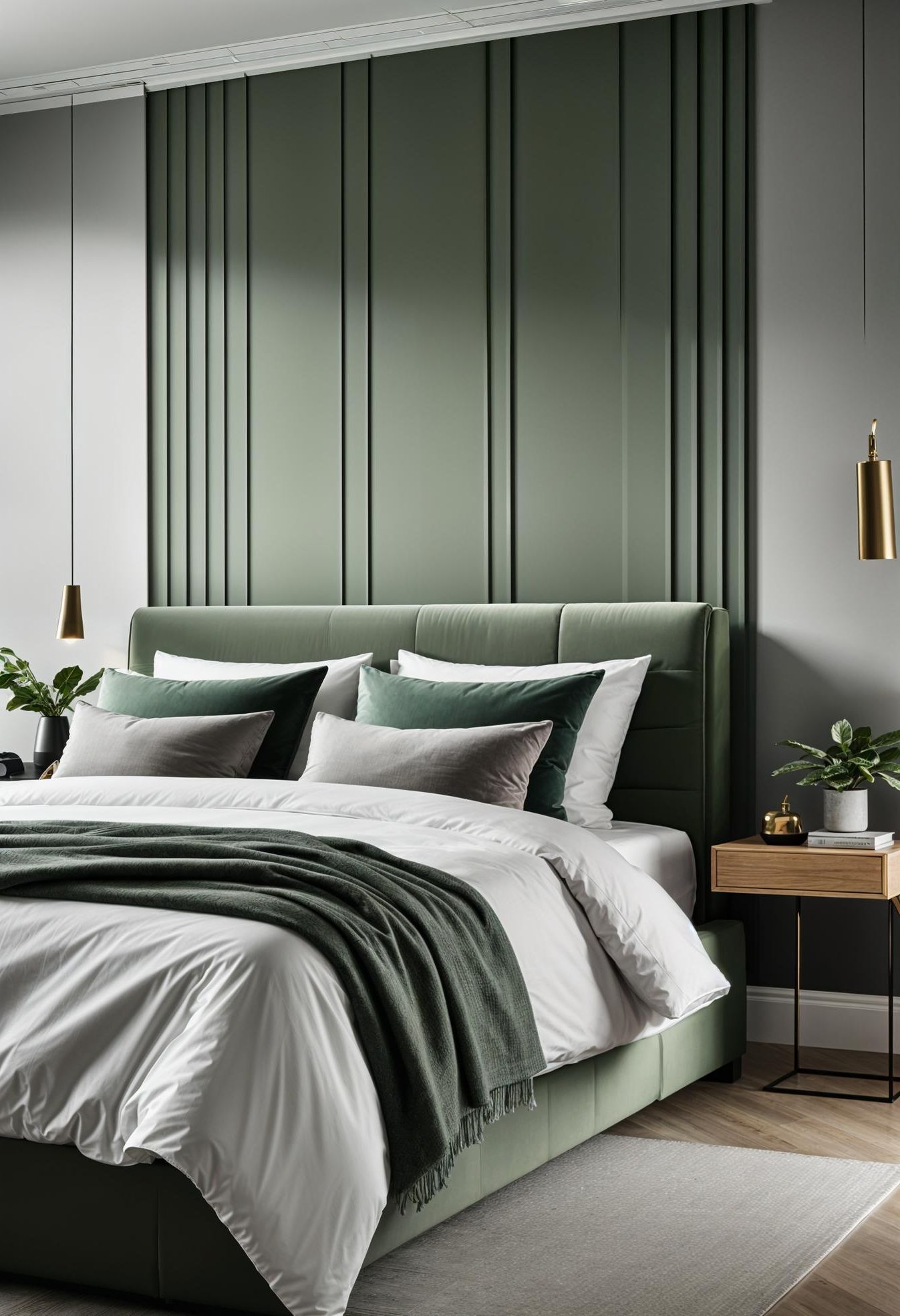 6. Grey Furniture with Green Wall Panels