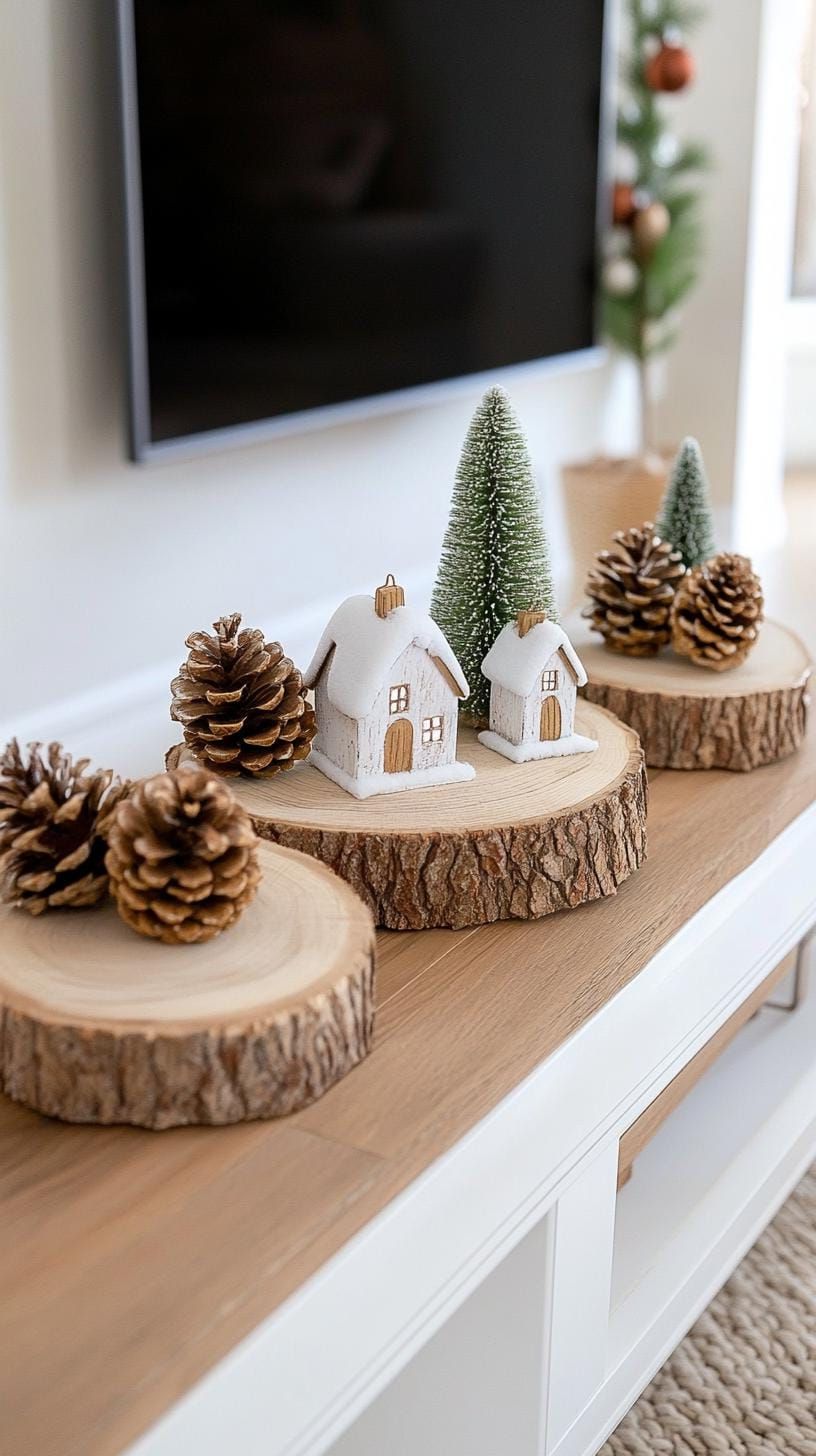 18. Cabin-style TV stand with log accents and pinecones