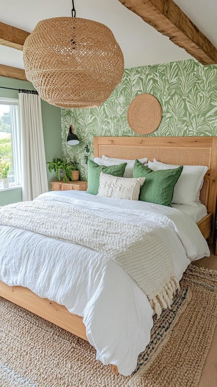 22. Botanical Bedroom Featuring Sage Green Wallpaper Prints - photo 2