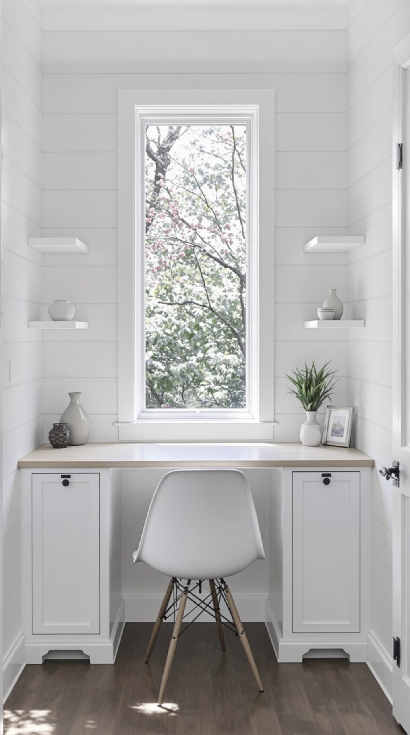 6. White Shed Office with Built-In Corner Desk - photo 2