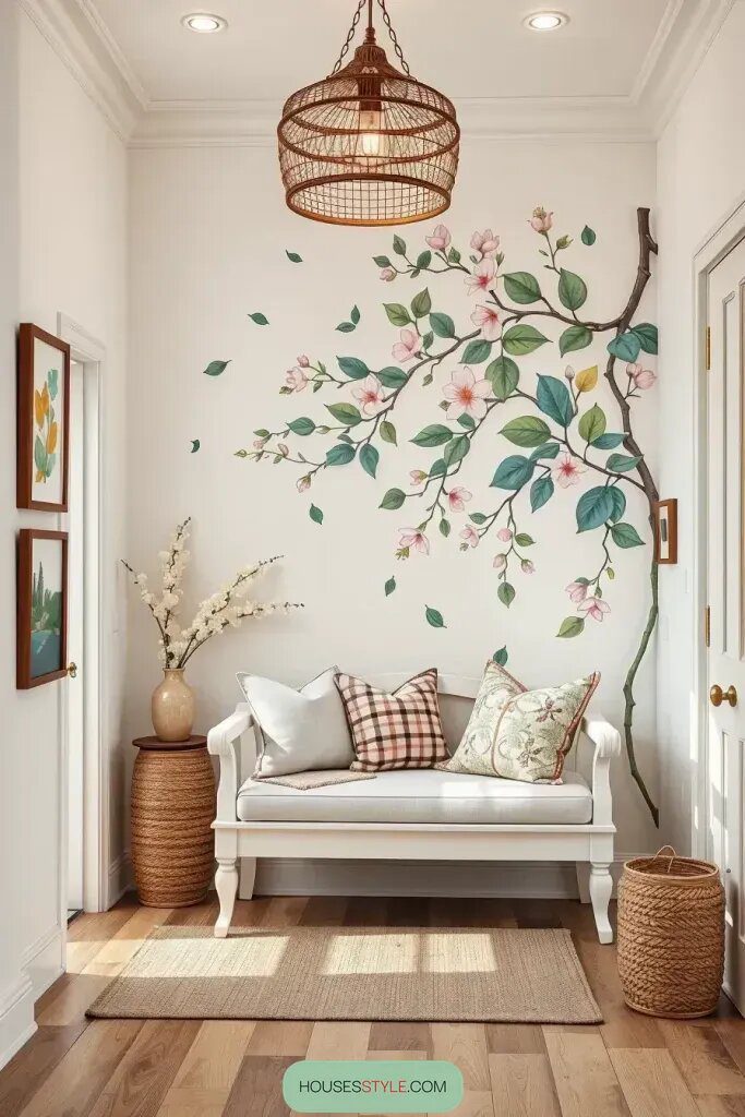 Pairing a Painted Accent Wall with Stylish Entryway Benches