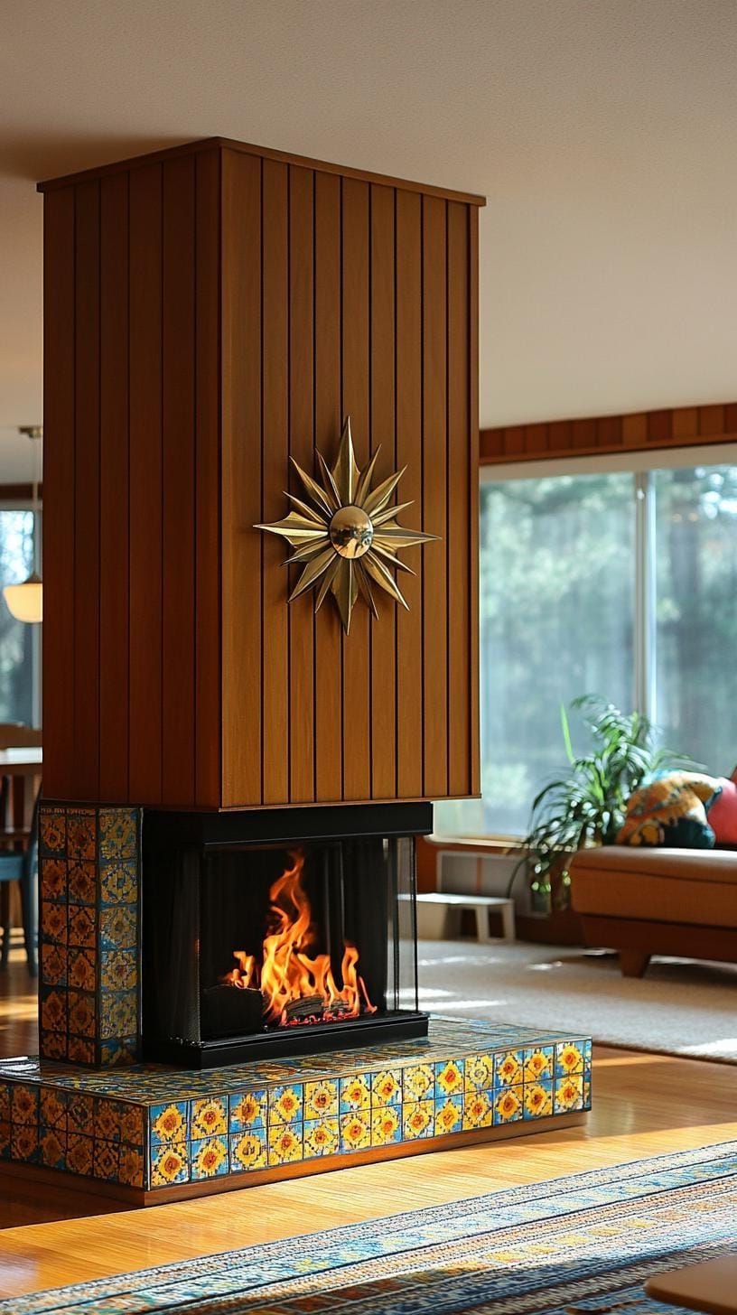 14. Vintage mosaic tile fireplace with brass accents - photo 2