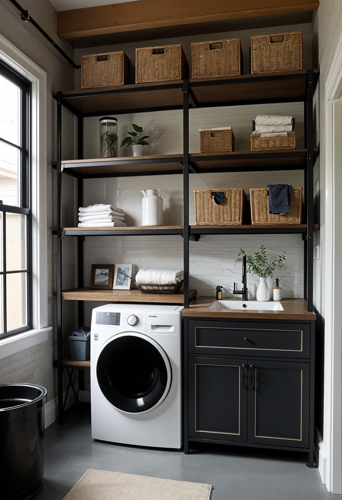 15. Industrial black and white laundry room with metal shelving - photo 4