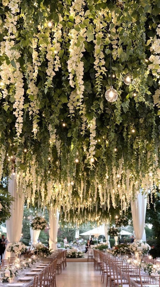 10. Greenery Ceiling Installation With Soft Lighting