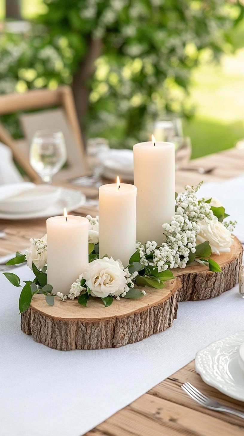 9. Wooden Log Table Centerpieces With Candle Clusters