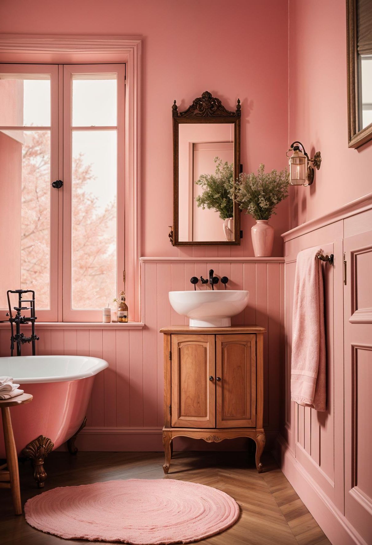 13. Classic Vintage Pink Bathroom Design