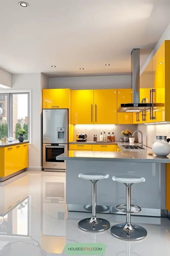 High Gloss Yellow Cabinets for a Modern Kitchen