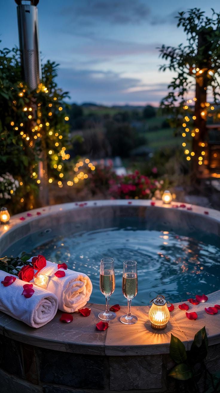 19. Let’s set a romantic mood with rose petals and soft lighting in the hot tub